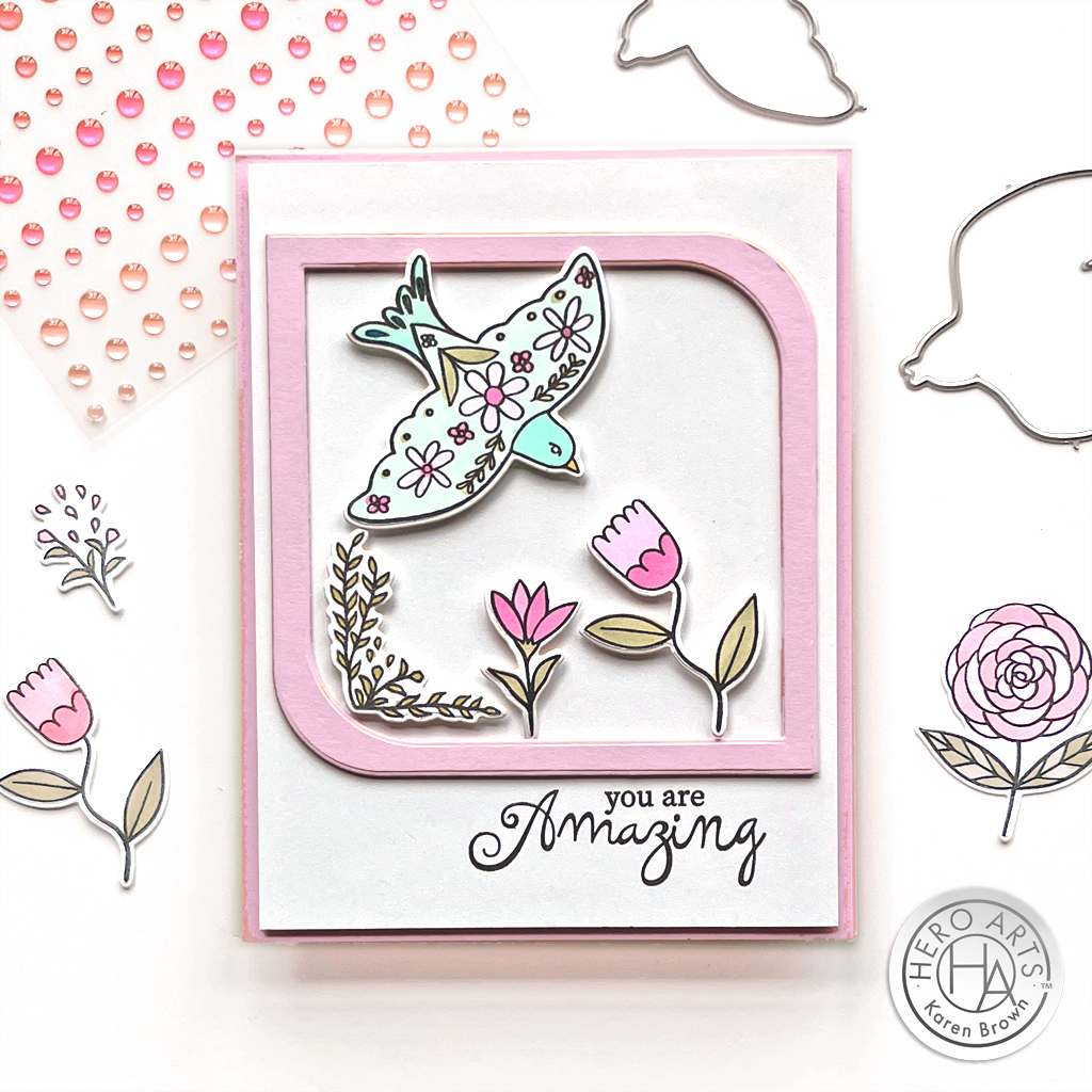 Pink folk art scene card with a unique rounded Jewel frame created with Hero Arts April 2024 Premium kit.