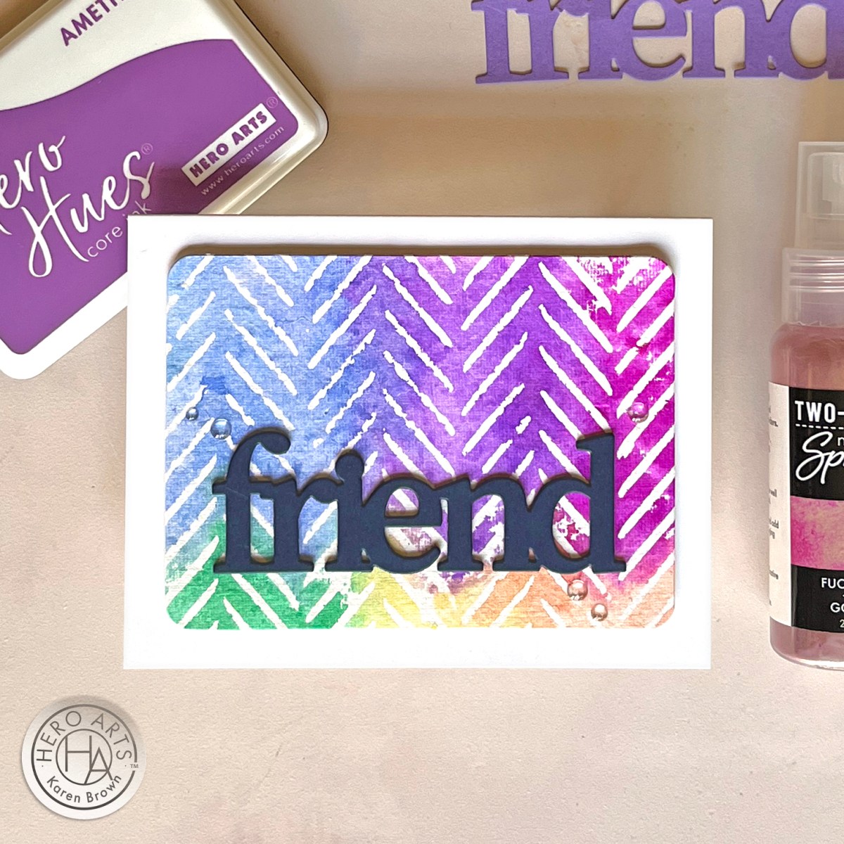 Bold rainbow card created with Hero Arts metallic shimmer ink sprays.
