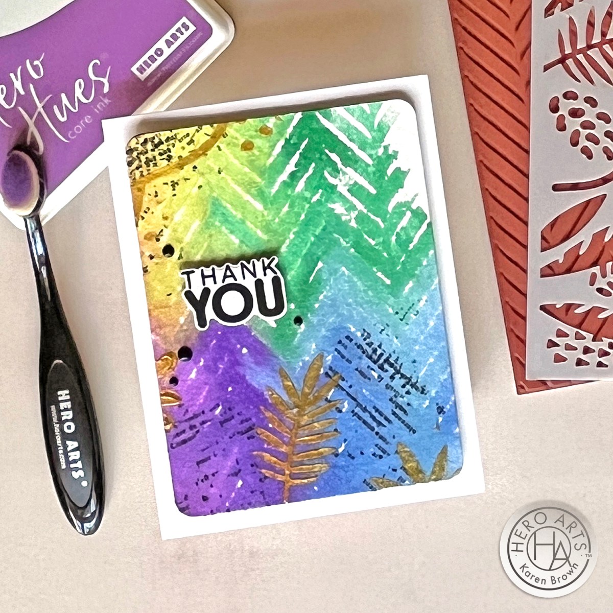 Minimalist mixed media card created with Hero Arts metallic shimmer spray, Hero Gold Paste and Hero Transfer rub-ons. 