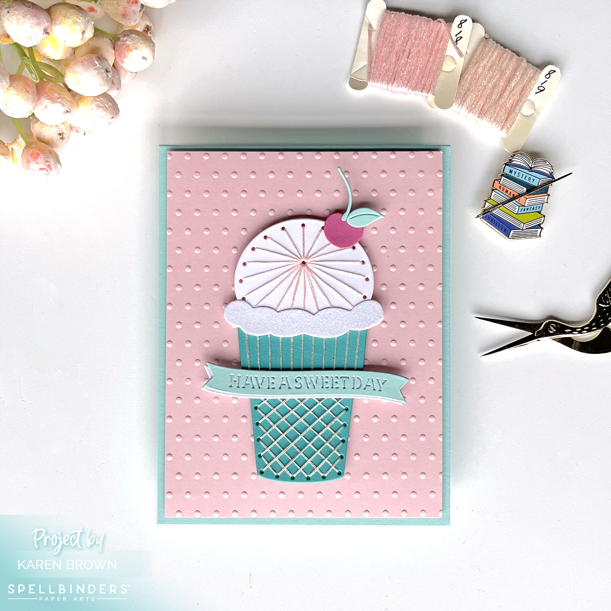 Pink, aqua, white and turquoise die-cut and hand-stitched ice cream cone card.