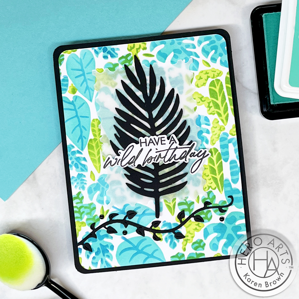 Hero Arts "Hero Studio" August 2024 Tropical Layering Stencil Kit handmade card in colorful blues and greens.