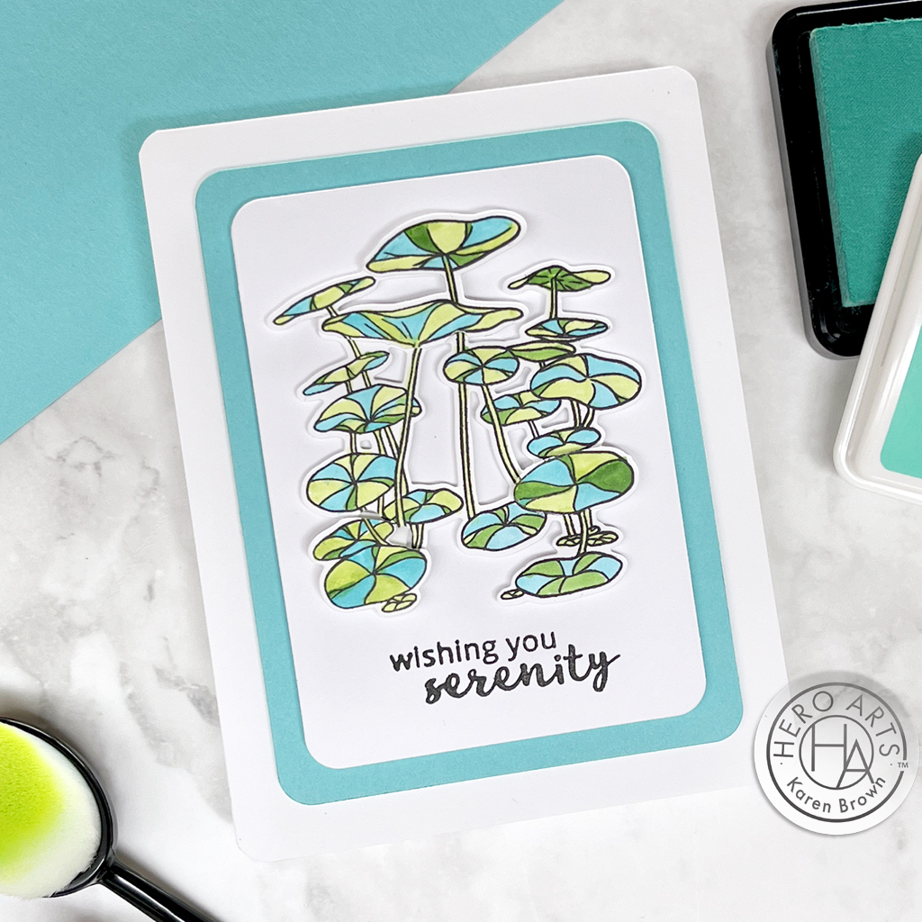 Colorful water lily card created with Hero Arts Jungle Serenity stamp and die bundle.