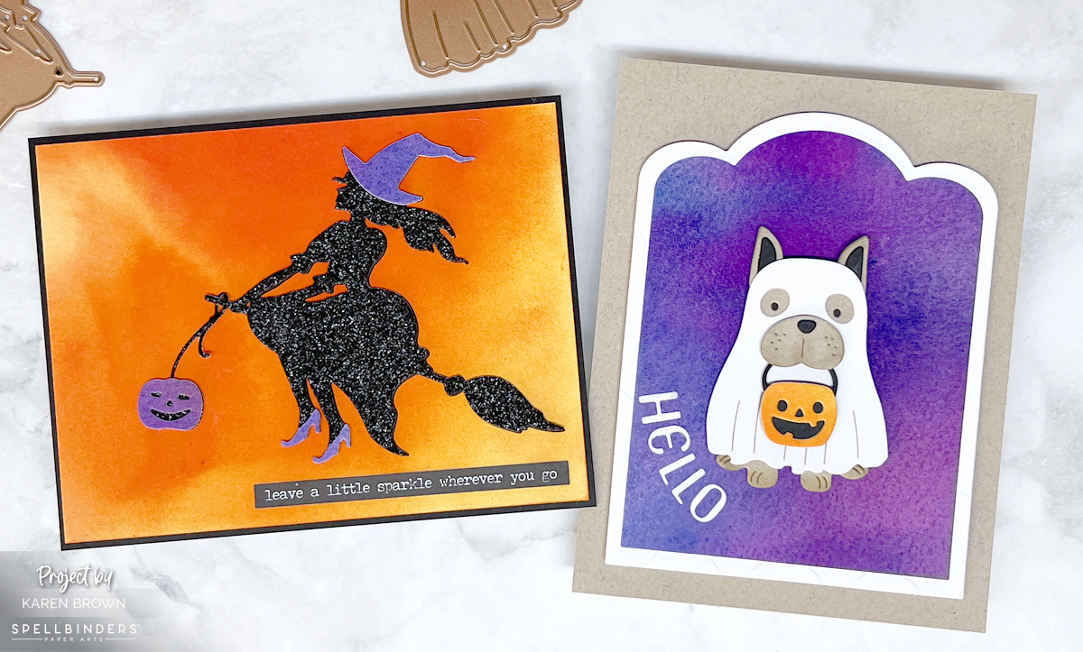 Bold colorful handmade  Halloween card backgrounds combinderd with Spellbinders Happy Haunting die kits to create 2 fun cards.