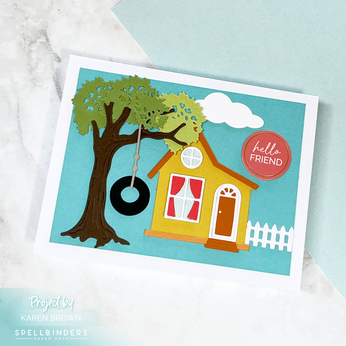 Charming Scene card with a cute little house, fence and a tree with swing.