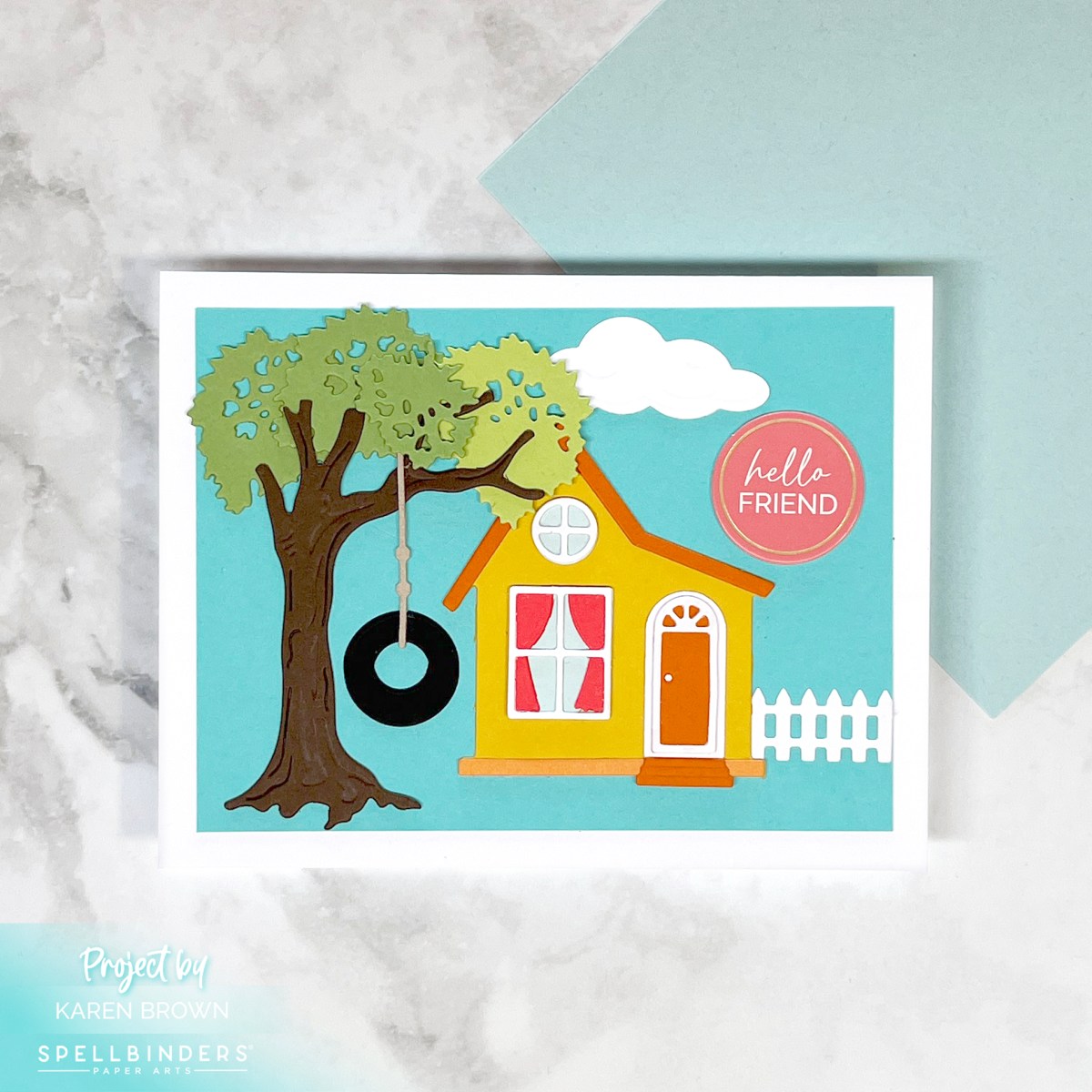 Cozy little scene card created with Spellbinders Home Sweet Home and Backyard Haven View die sets.