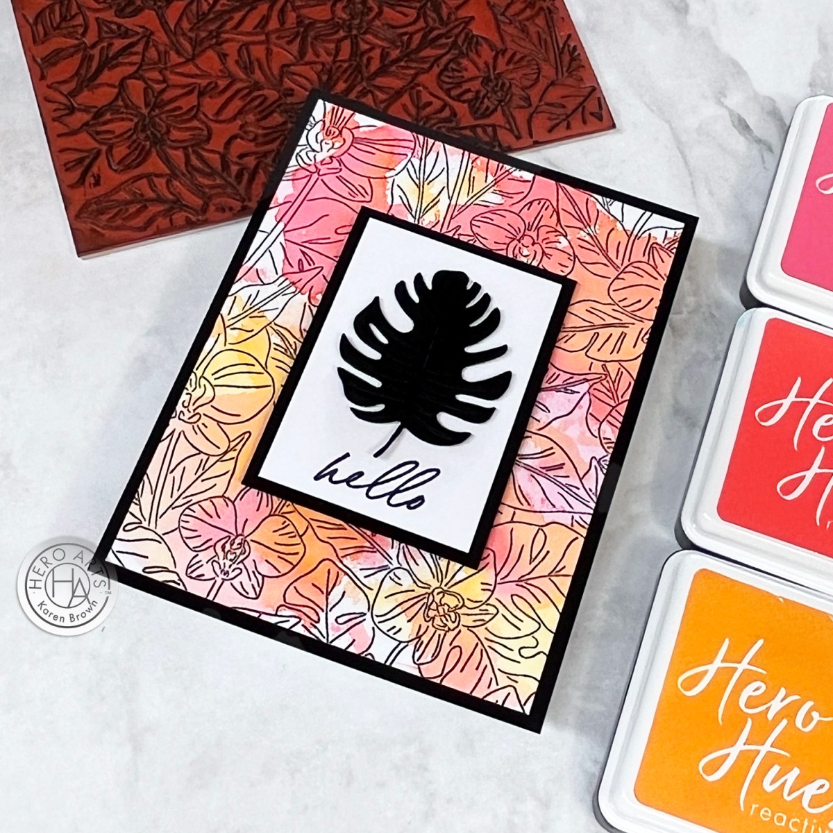 Easy yet eye-catching floral background in pinks and oranges + Orchids Cling Background Stamp of the Month for August 2024.