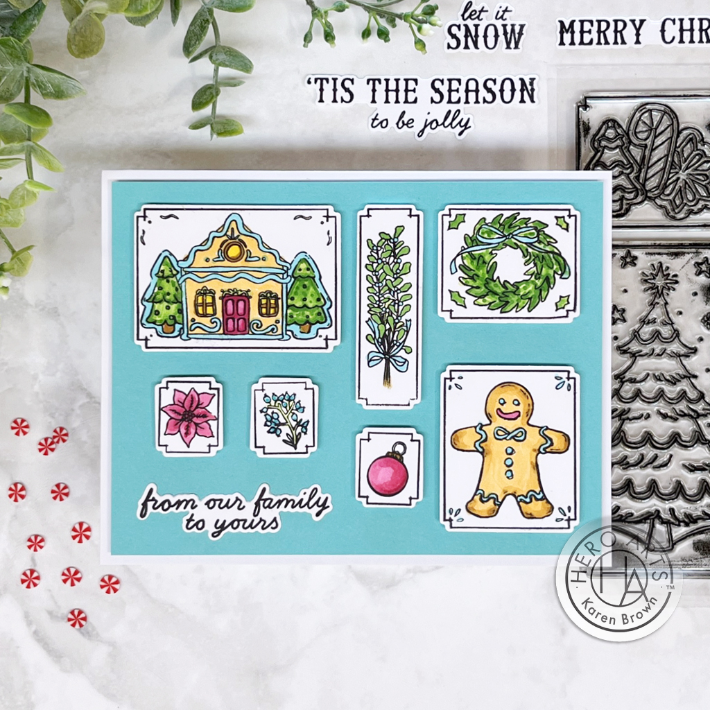Adorable handmade stamped and die cut Christmas Card featuring gingerbread men and house, wreath and greenery.