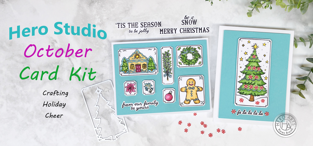 Handmade traditional Christmas cards created using Hero Arts October Card Kit 2024.