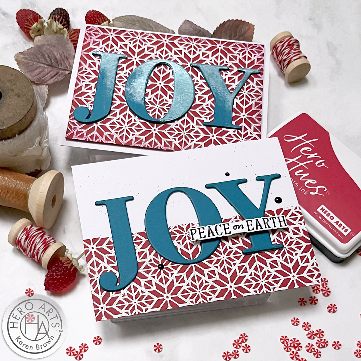 Two bold heat embossed Christmas cards in Crimson red and Aquatic Teal with bright white heat embossing.