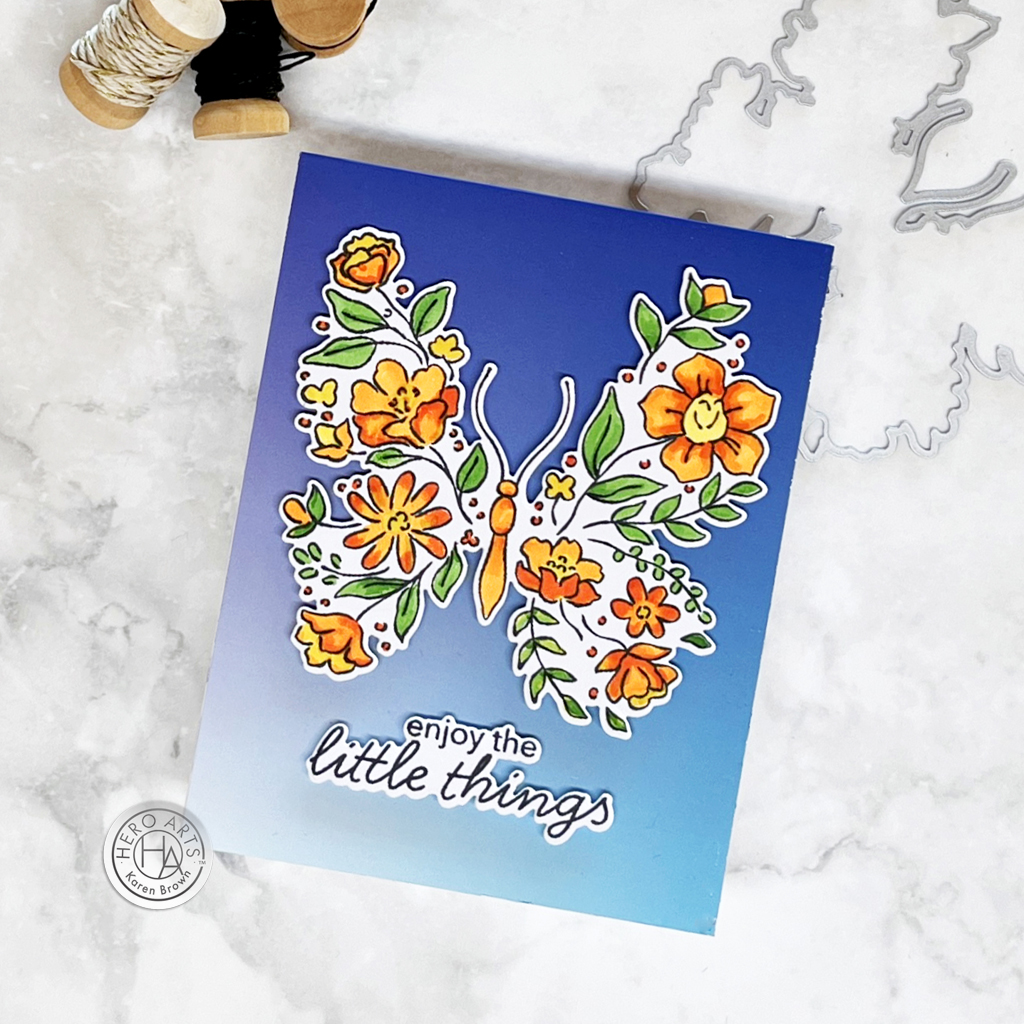 Bright fluttery stamped and die cut butterfly handmade card created with Hero Arts December Cling of the Month Stamp and Die kit called Floral Butterfly.  Hero Arts:  
CD1224, RT138