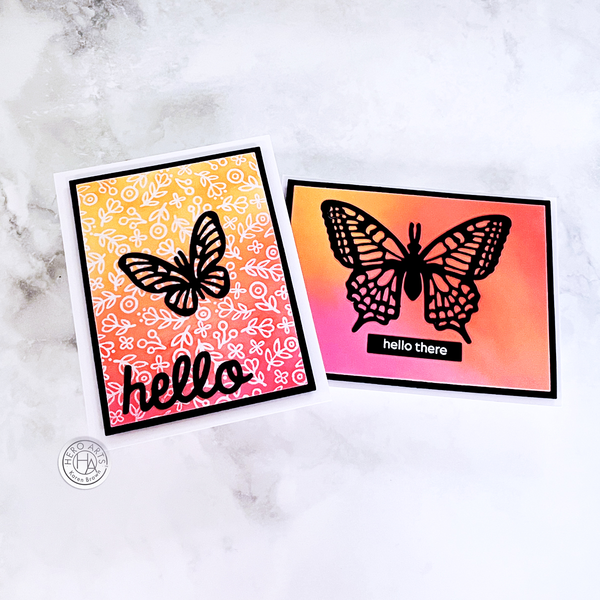 2 handmade cards featuring Hero Arts Delicate Butterfly Fancy Dies.  Both cards have an orange to pink gradient color scheme with black die cut butterflies.