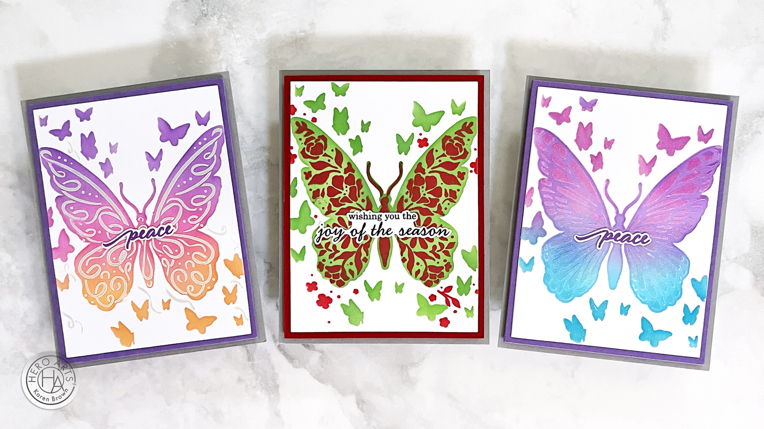 Hero Studio December Layering Stencil of the Month - 3 handmade butterfly cards.