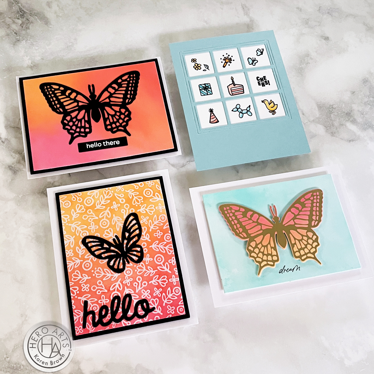 Four beautiful handmade cards created with Hero Arts Spring Whimsy Collection + hot foiling, ink blending, stamping, ink smooshing and die cutting.