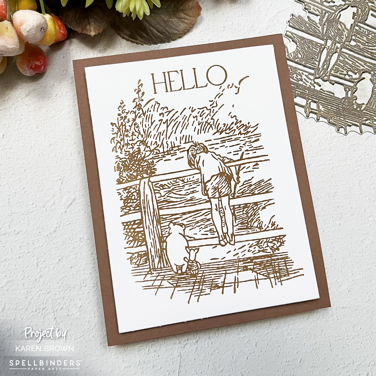 Vintage-inspired Winnie the Pooh hello card featuring Christopher Robin and Pooh on a bridge, pressed with Bark brown ink for a sepia look.