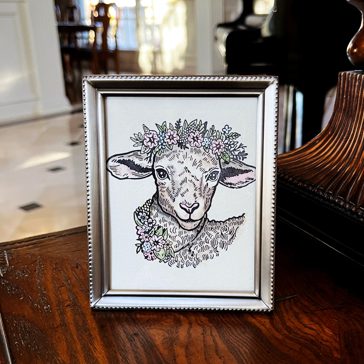 Spellbinders Cotton Ball the lamb BetterPress watercolored and framed animal art piece.