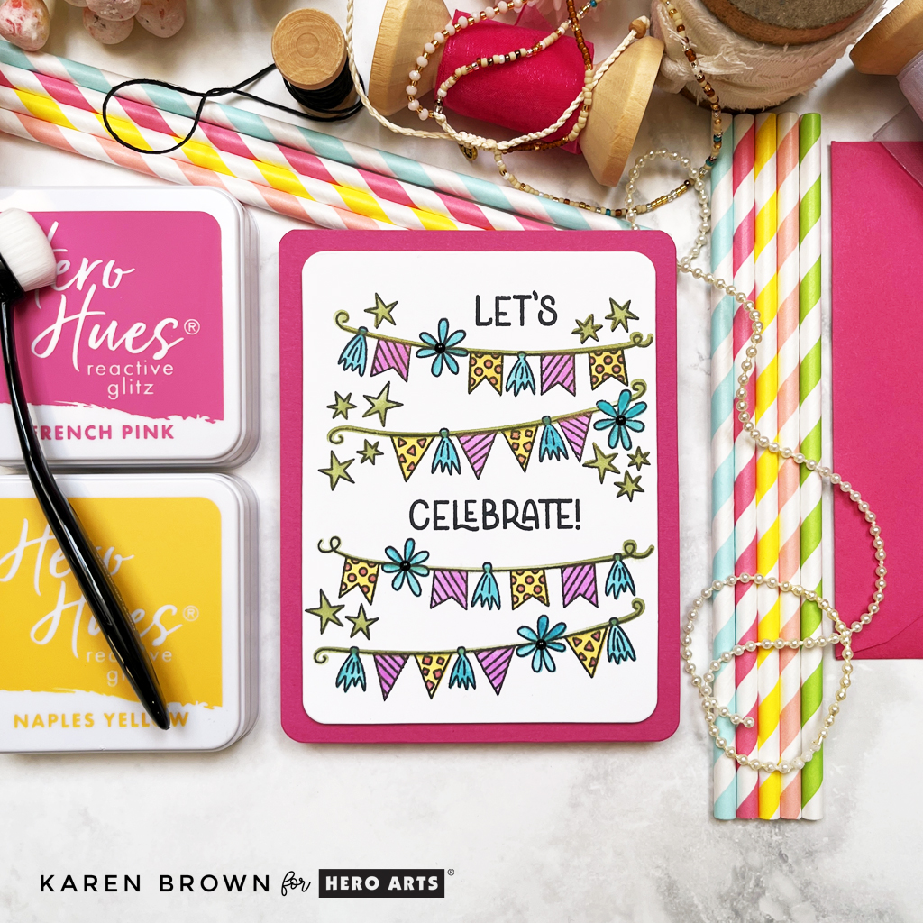 Festive Birthday card perfect for men, women and children.  The card features 4 birthday banners stamped and colored with layering stencils in pink, yellow, aqua and green.