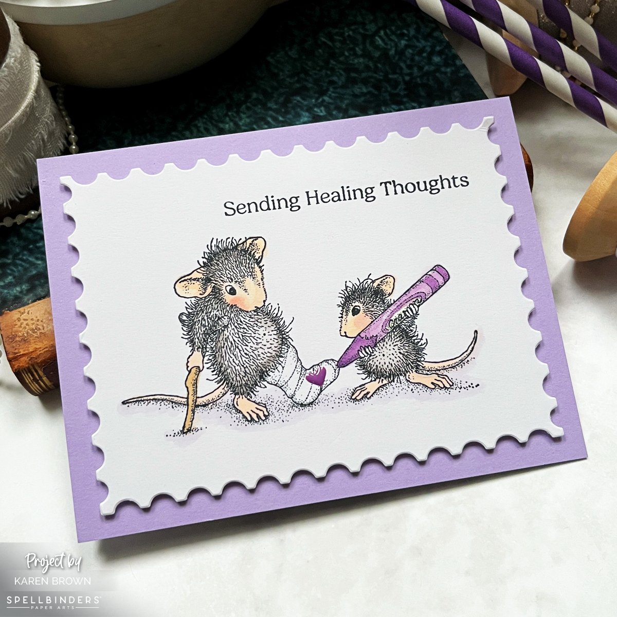 Close-up of House Mouse Get Well card showcasing the adorable illustration of mice, framed with a Nesting Postage Stamp die for a clean and simple look