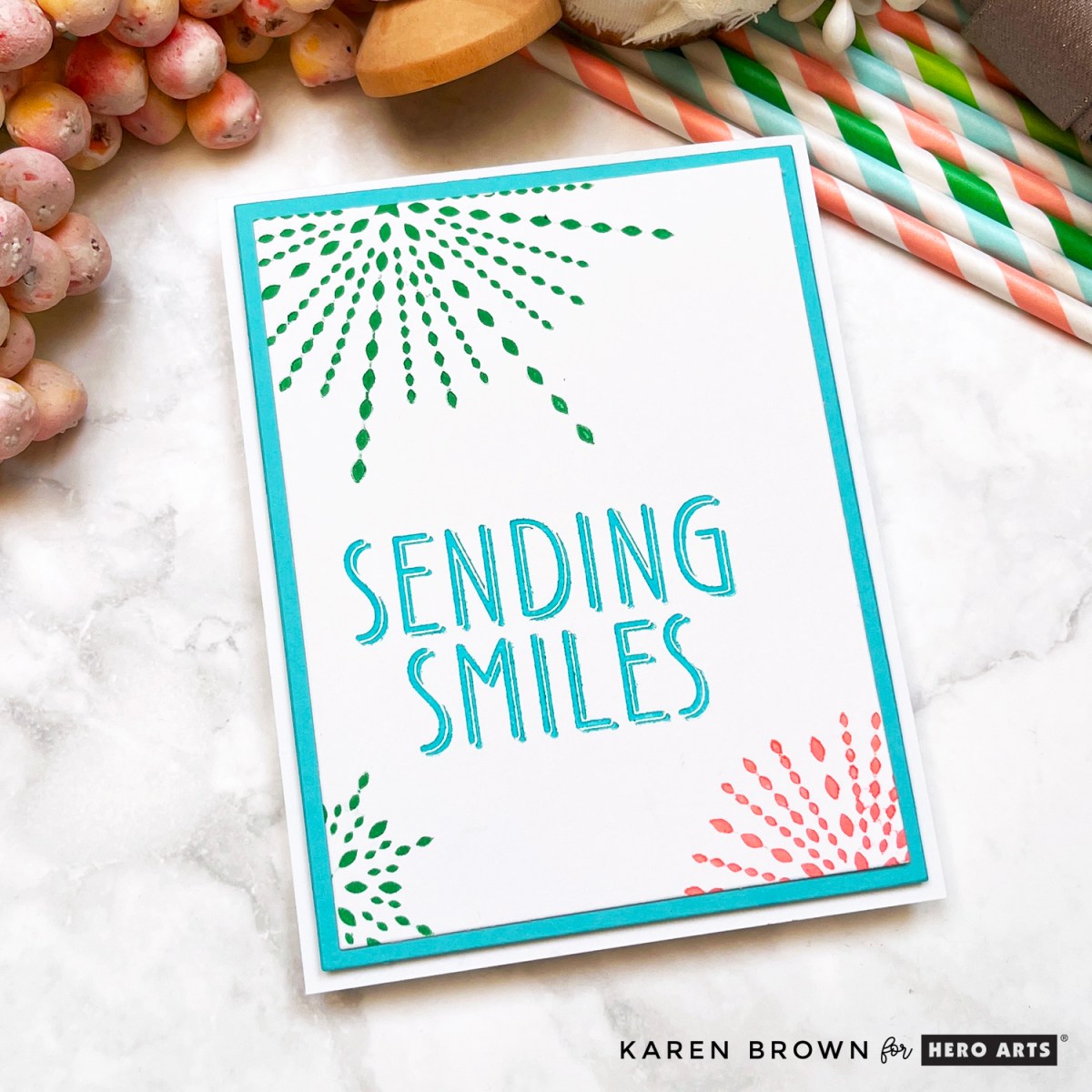 Aqua, green and coral starburst BetterPress LetterPress card from Hero Arts Lovely LetterPress Collection.  