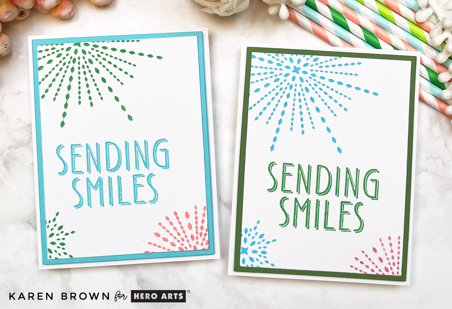 2 festive Hero Arts Starburst BetterPress letterpress cards in aquas, greens and pinks.  