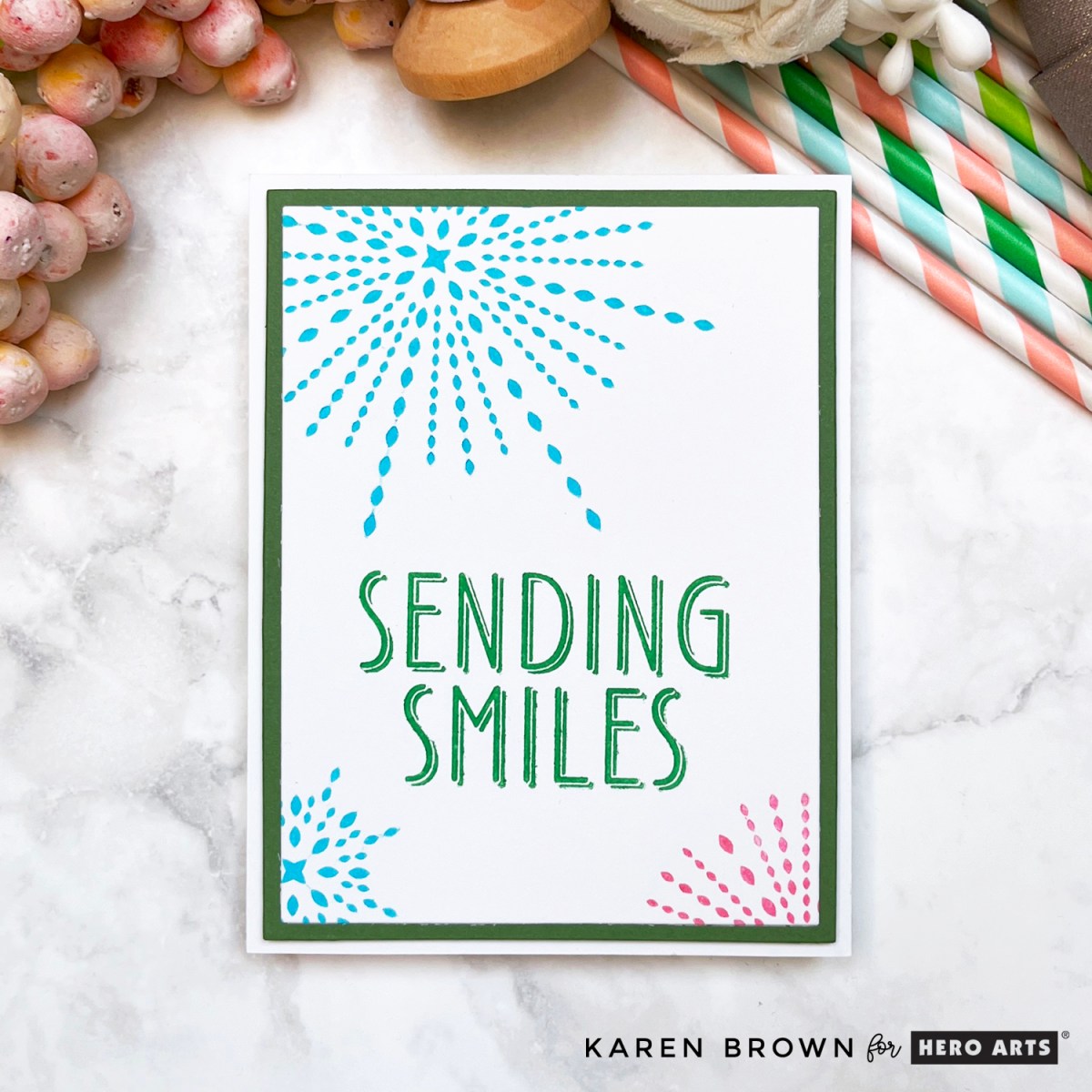 Bright Happy BetterPress LetterPress card with 3 large starbursts in aqua and pink with a large pressed "sending smiles" sentiment in green, perfect for birthdays, graduations or Get Well.