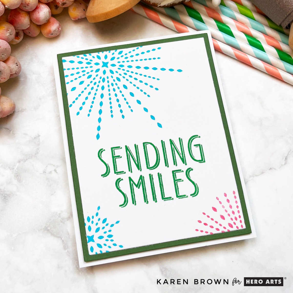 Sending Smiles Starburst card in bright happy shades of green, aqua and pink.