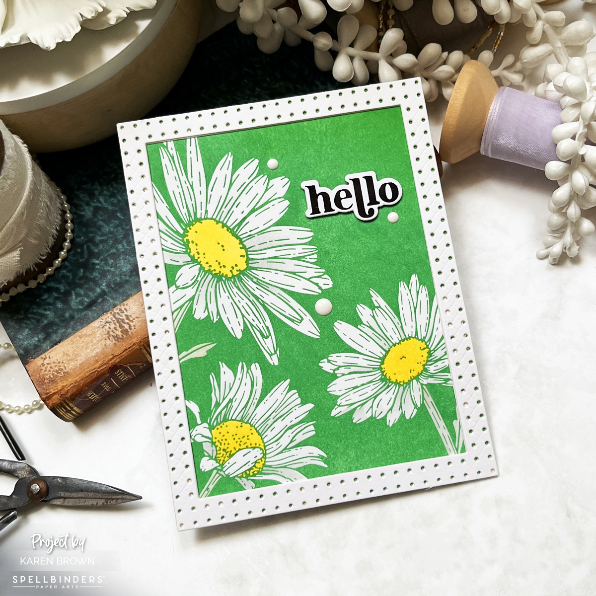Bold graphic green and white Daisy BetterPress card finished off with a white die cut frame.