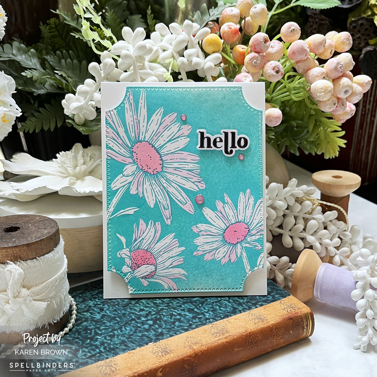 Aqua, White and Pink Better Press + stenciled handmade card using Yana  | Spellbinders Daisy Trio Better Press plates and Hydrangea ink.