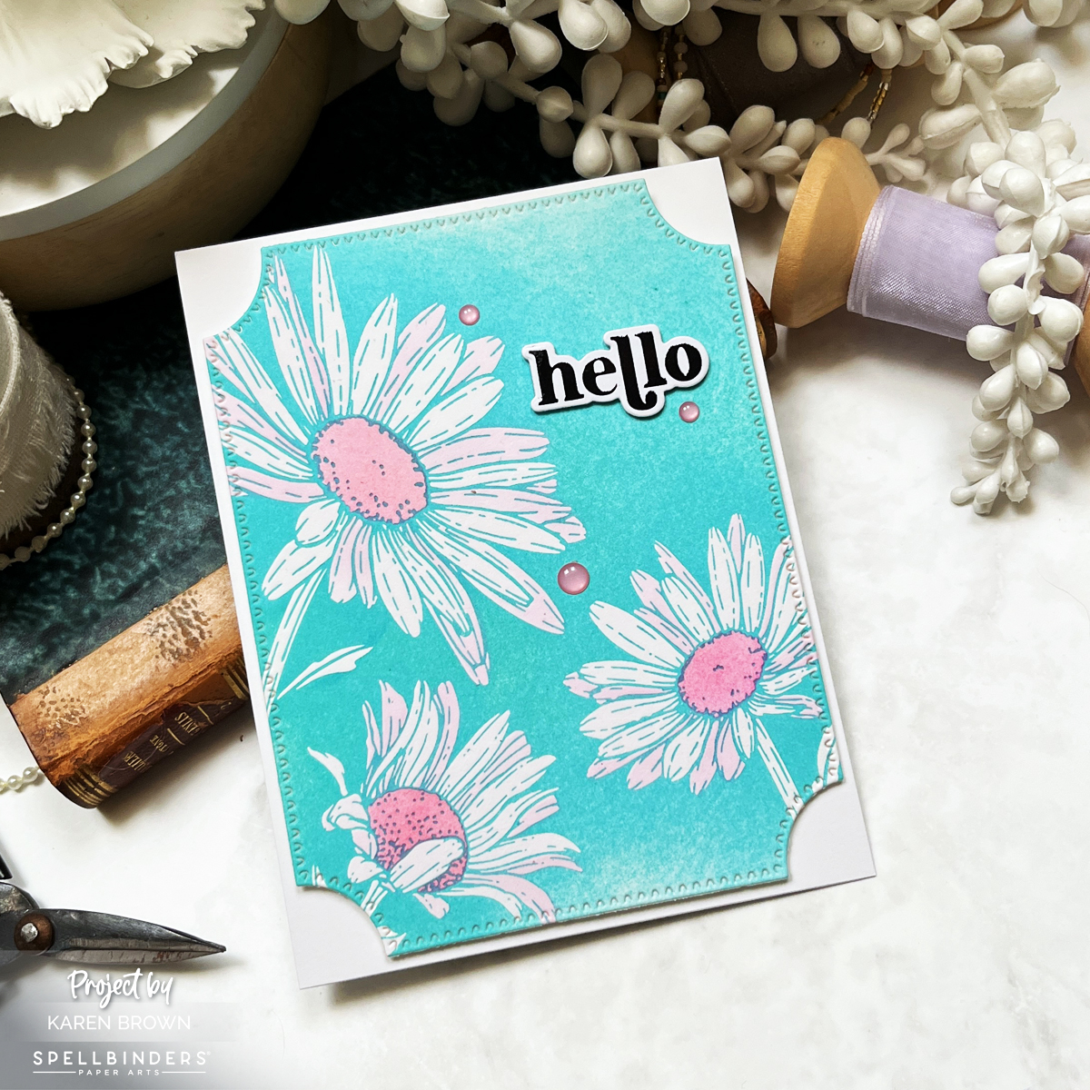 Bright happy aqua, pink and white hello card with giant BetterPress daisies. 