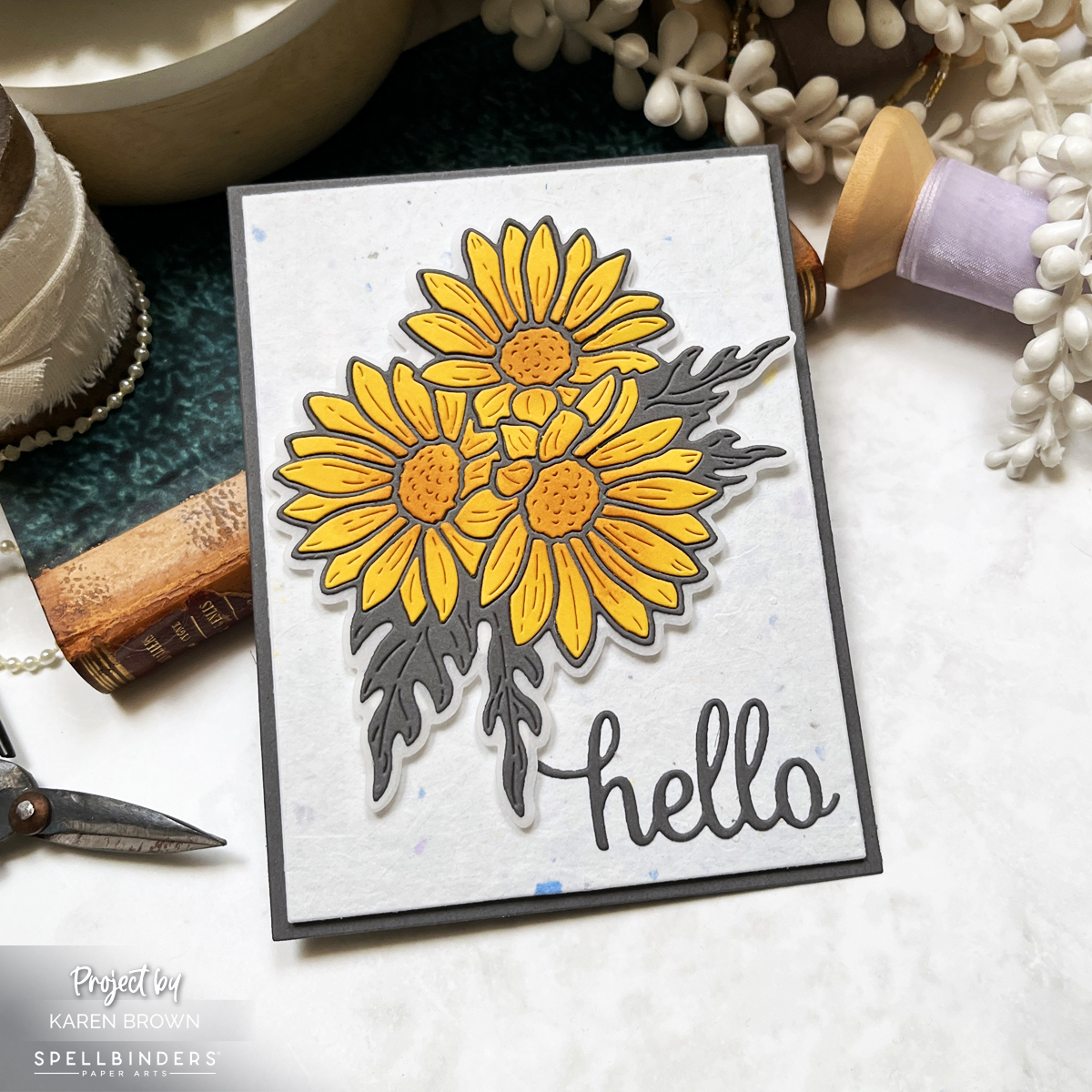 Layered and die cut Daisy Sunflower  handmade card created with Spellbinders + Yana's Daisy Etched dies.
