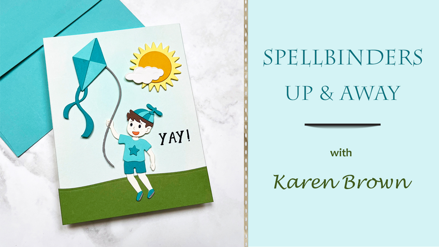 Spellbinders card using the Up and Away die set to create a scene card with a boy flying a kite.