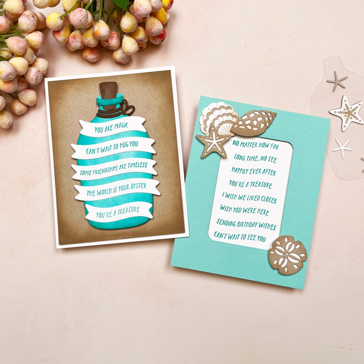 Two beach summer themed cards featuring Hero Arts Banner Days stamped and die cut sentiments.