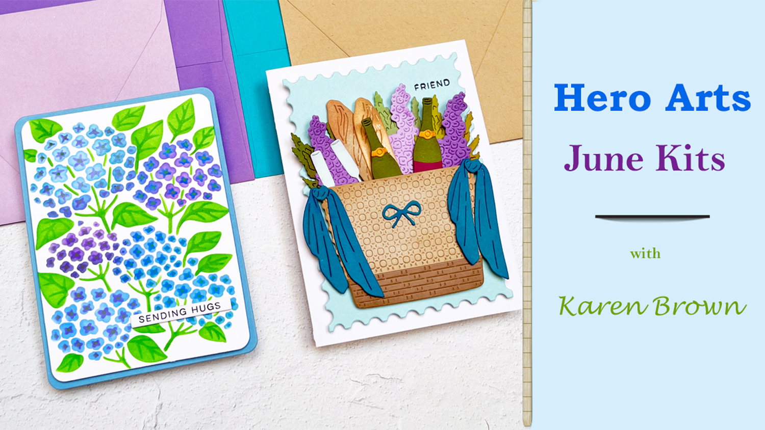 The June 2025 Hero Arts Club Kits bring major Coastal Vibes, and I couldn’t resist turning the Beach Bag die into a dreamy die cut picnic basket, complete with wine, wisteria, and baguettes! Plus, don’t miss my hydrangea stenciled card in blues and purples—perfect for all occasions!