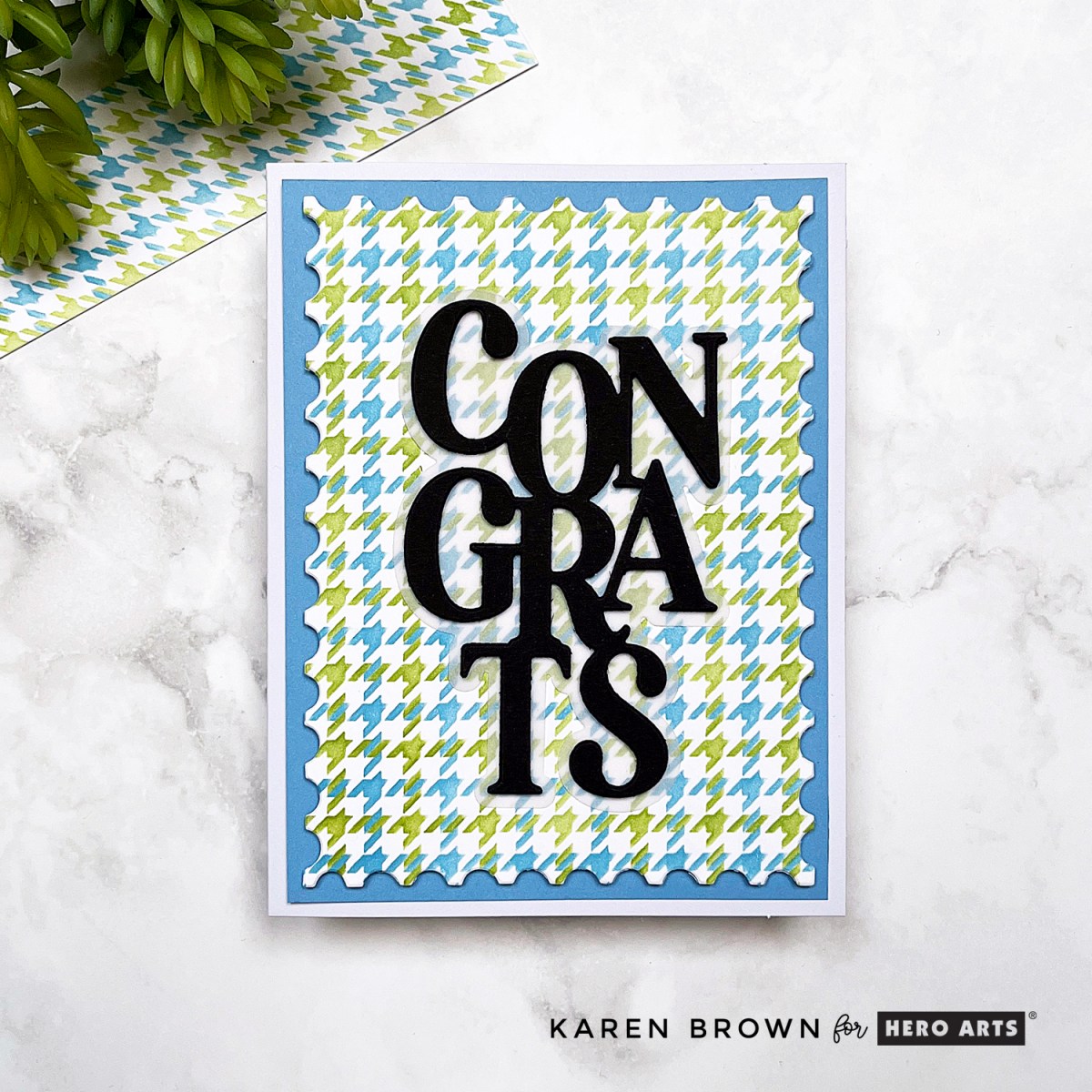 Masculine Congrats Card in blues and greens with a stenciled Houndstooth Plaid background,