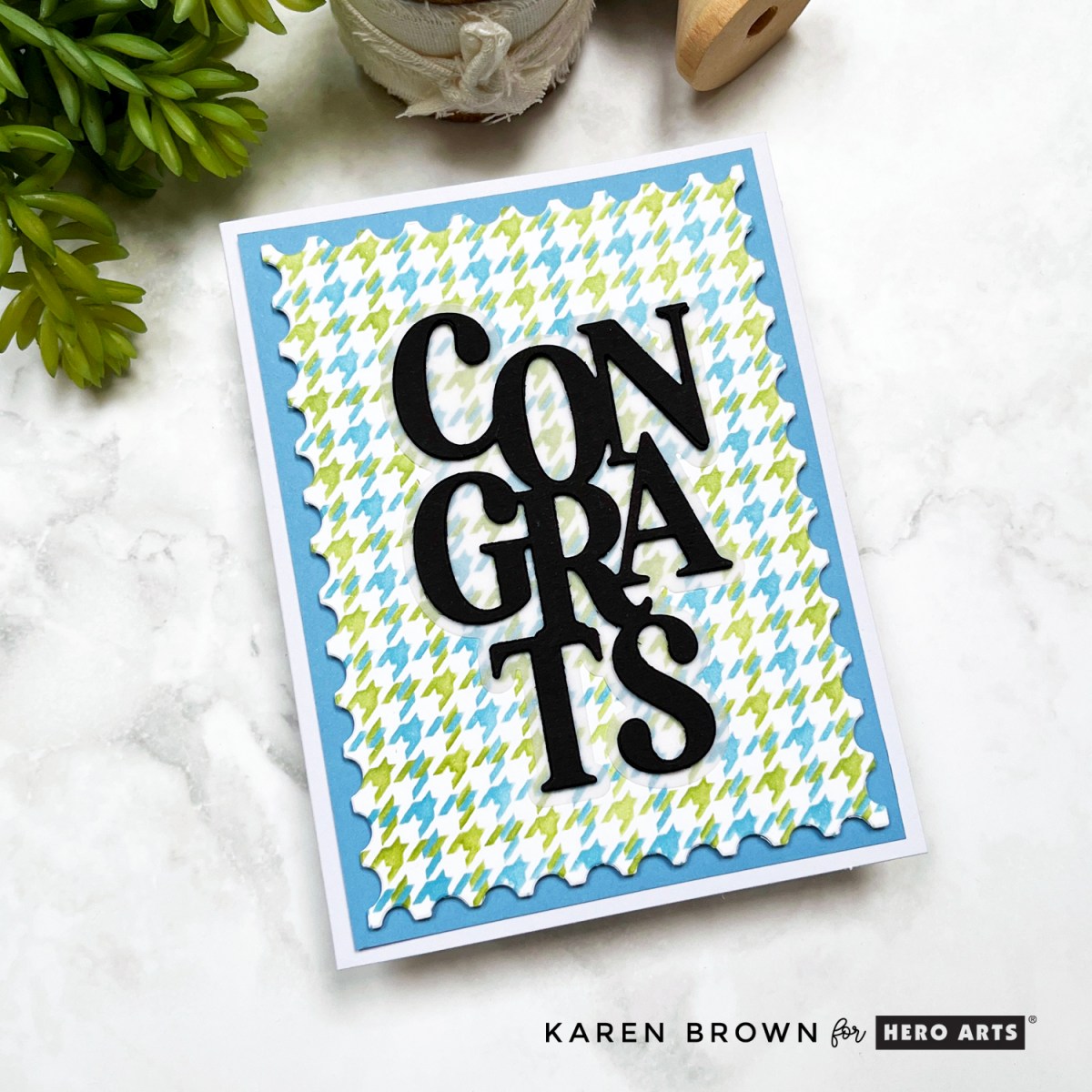 Hero Arts Houndstooth Plaid stenciled card in masculine blues and greens.