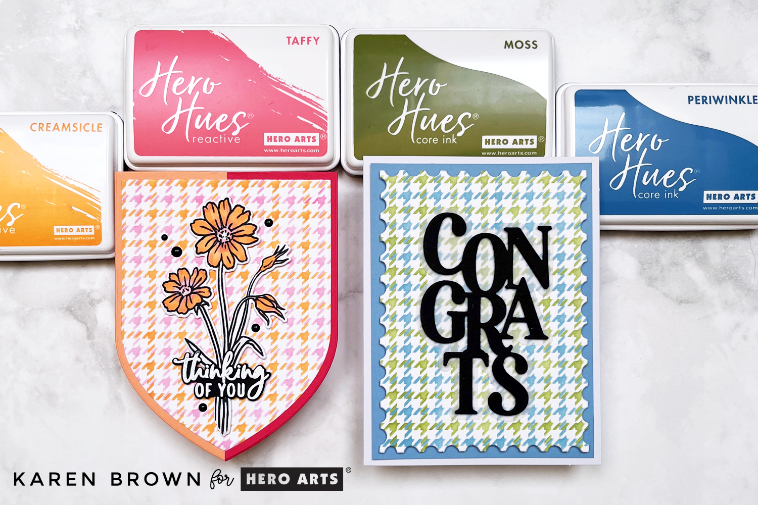 2 colorful Houndstooth Plaid cards created with Hero Arts Layering Stencils.