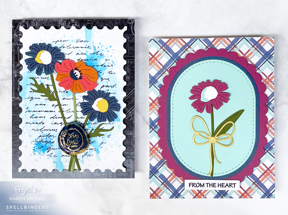 Handmade mixed media card featuring letterpress script background, watercolor textures, and layered wildflower die cuts from Lisa Horton’s Wildflower Collection.