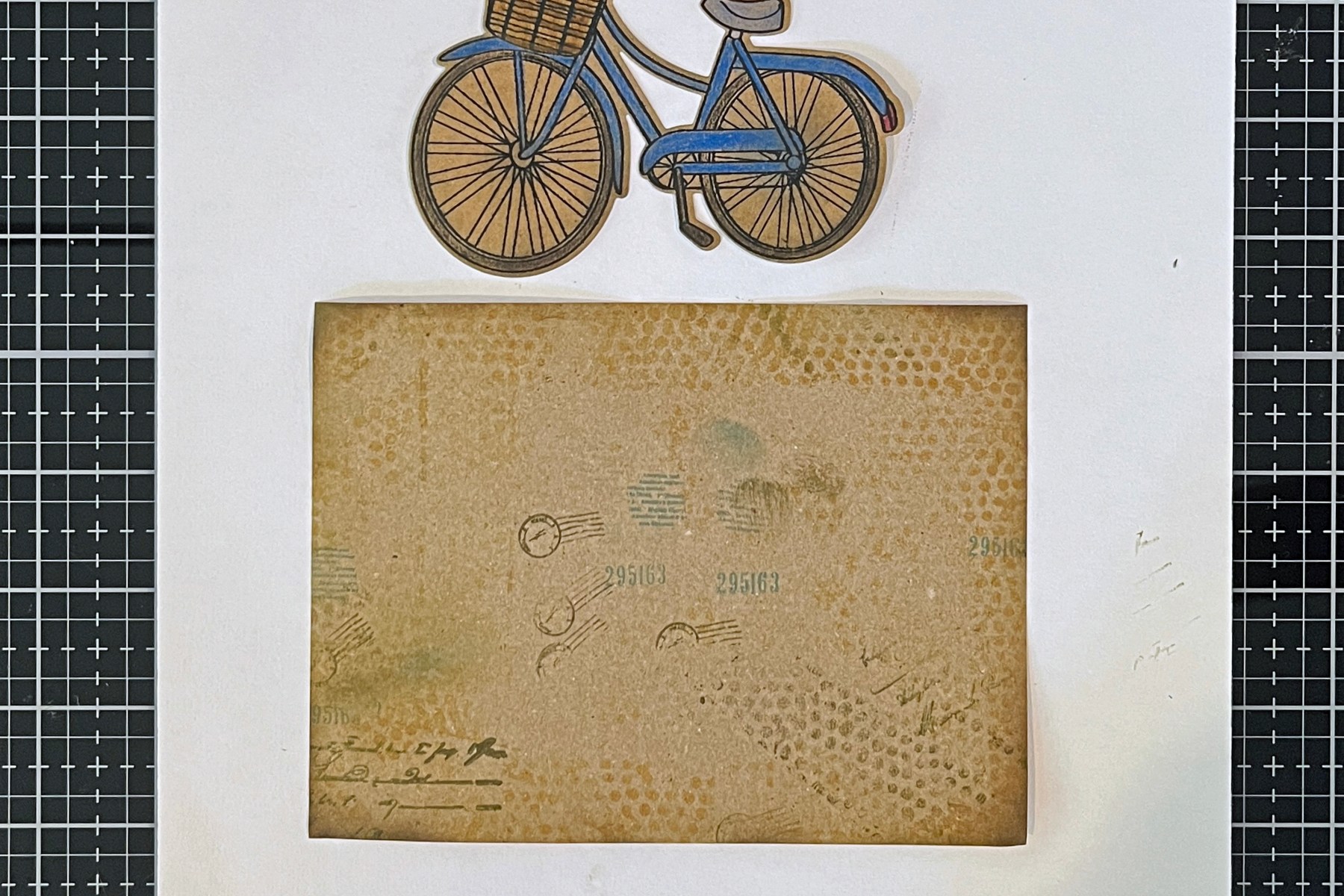 Process photo showing a vintage look background card mat.  The mat was cut from a repurposed upcycled brown paper shopping bag.