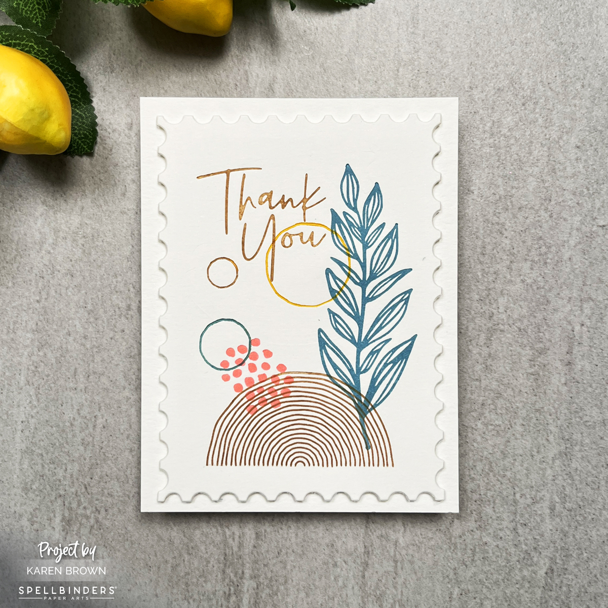 BetterPress letterpress thank you card with a leaf, 3 circles, cluster of dots and a half circle lined arch. 