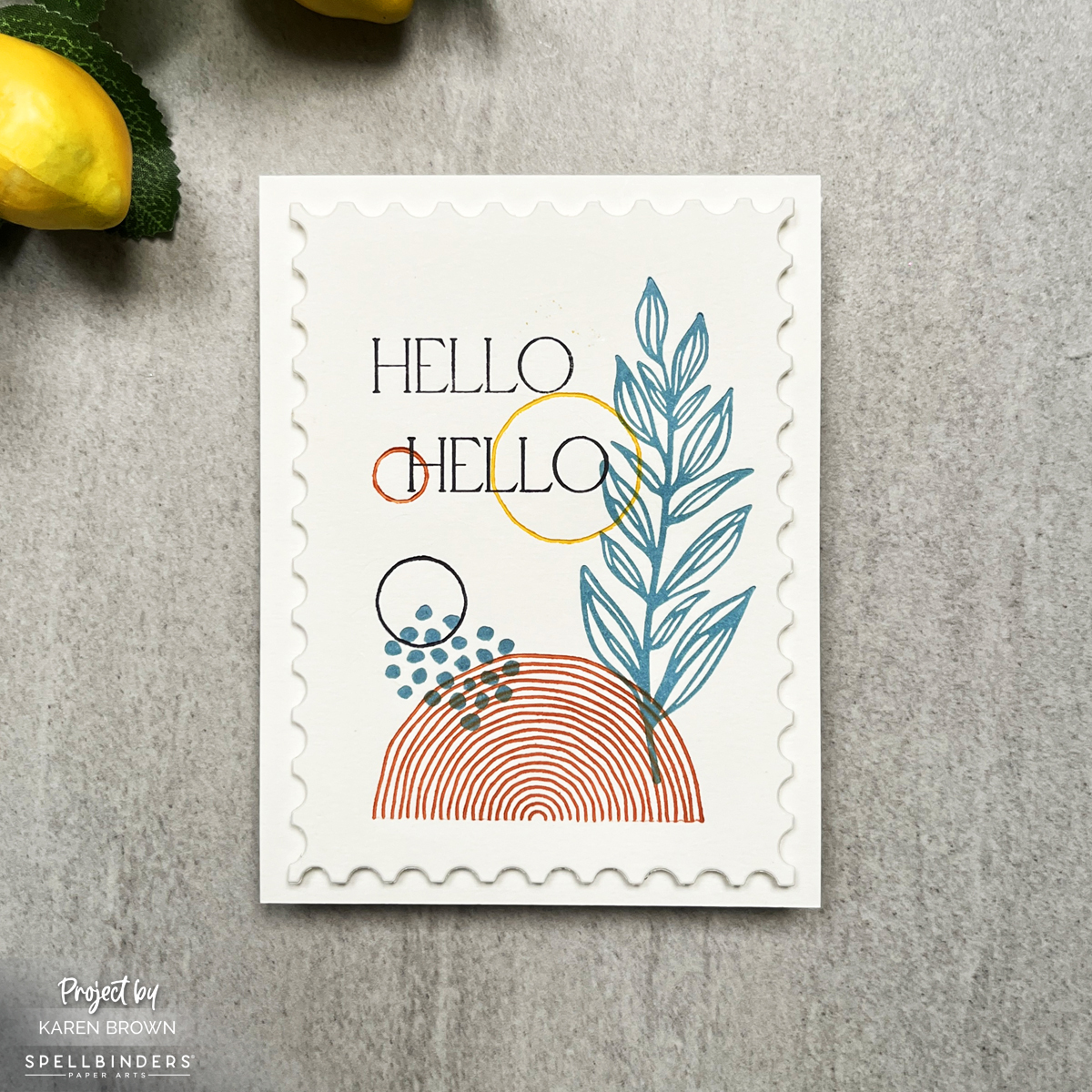 Modern BetterPress letterpress card with greenery, circles, lined arch and Hello Hello sentiment.  