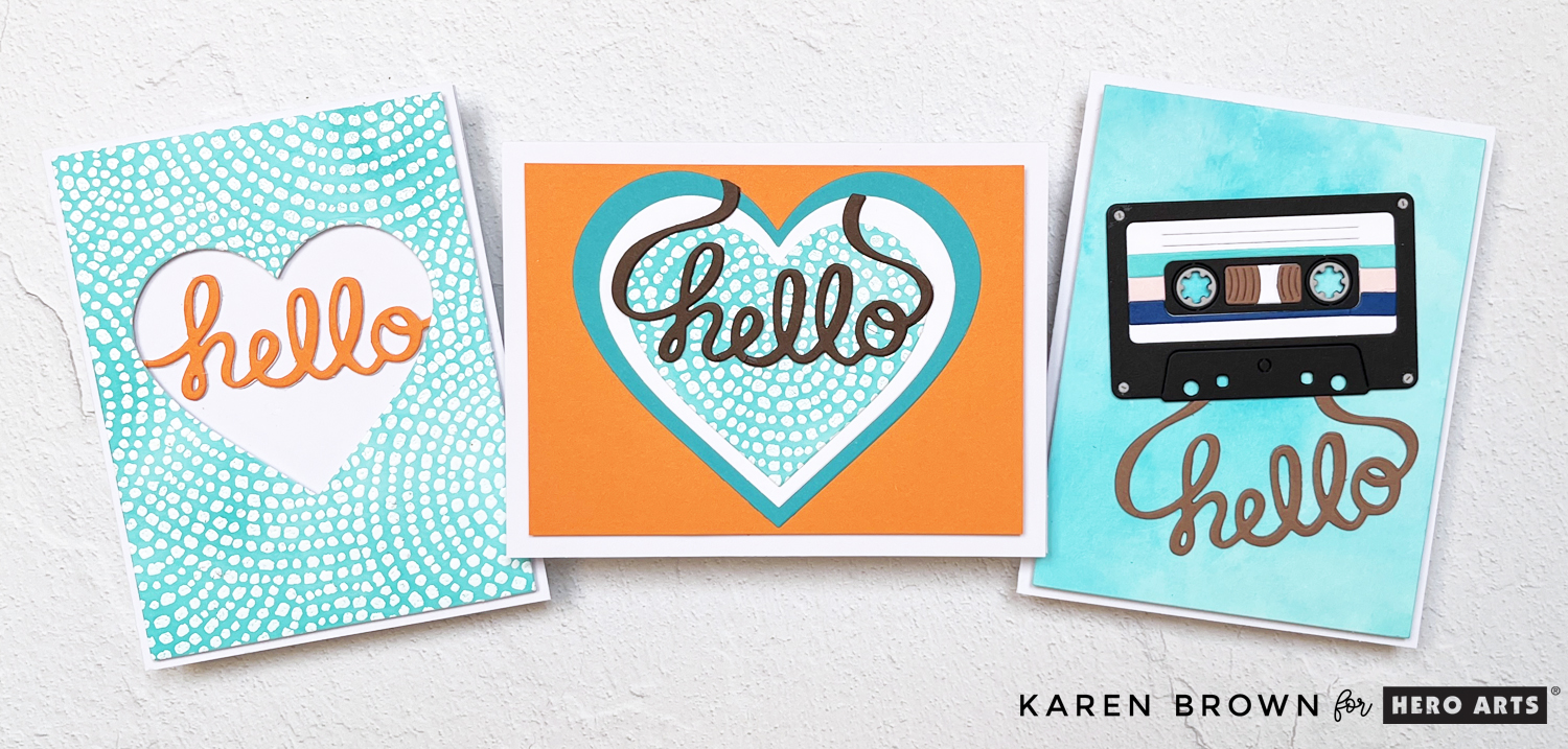 3 fun summery cards for Hero Studio July 2025 in aqua blue, orange and white color palettes. 
