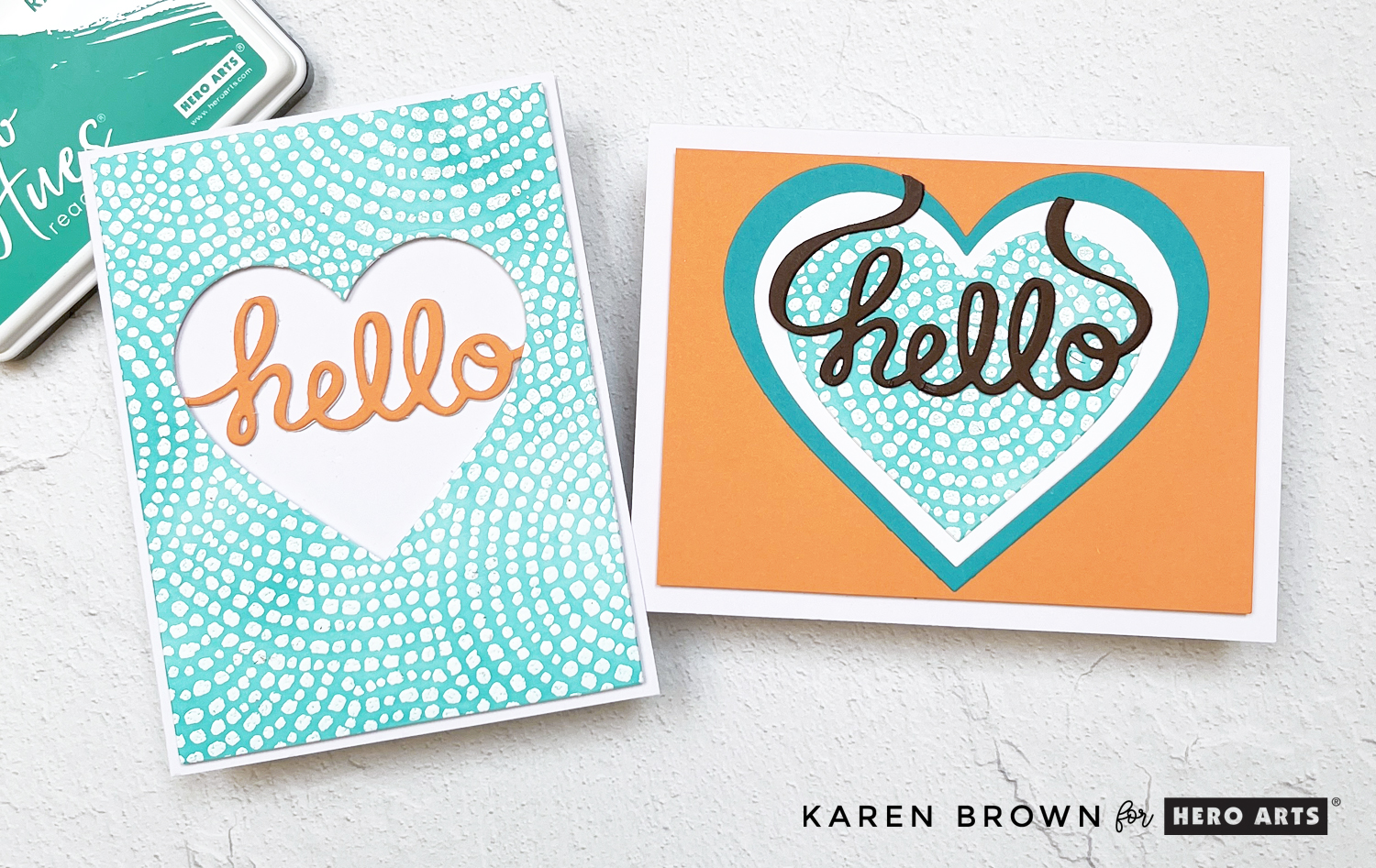 2-Fer cards using Hero Arts Cobblestone Courtyard Cling Background Stamp in aqua blue with white heat embossing, die cut hearts and scripty hello sentiment. 