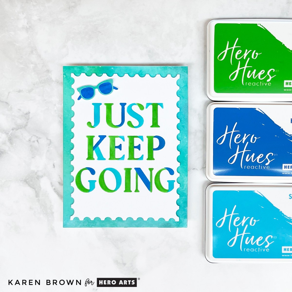 July 2025 Layering Stencil of the Month "Just Keep Going" kit card in analgous green, aqua and blue inks.