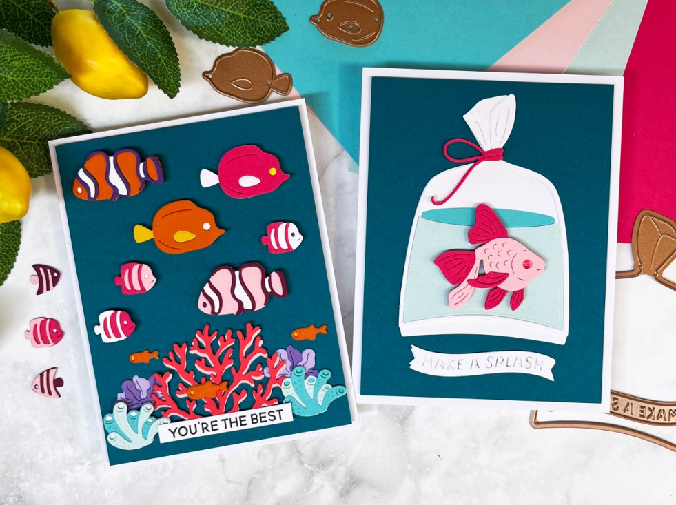 Two cute aquatic fish theme die cut cards