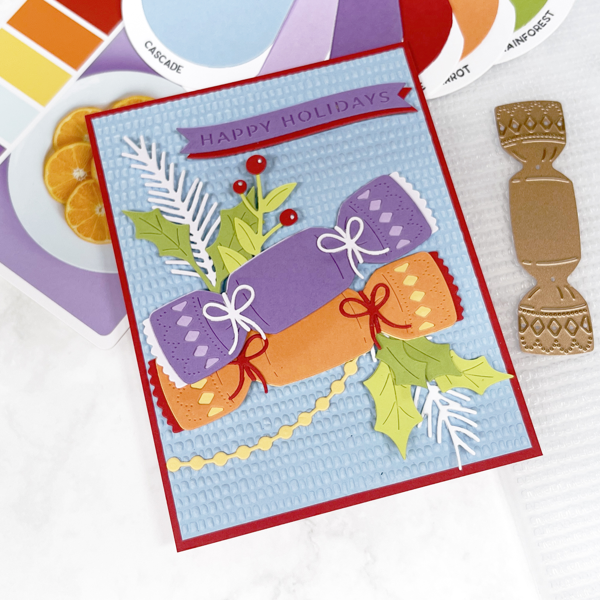 Christmas Crackers die cut handmade card.