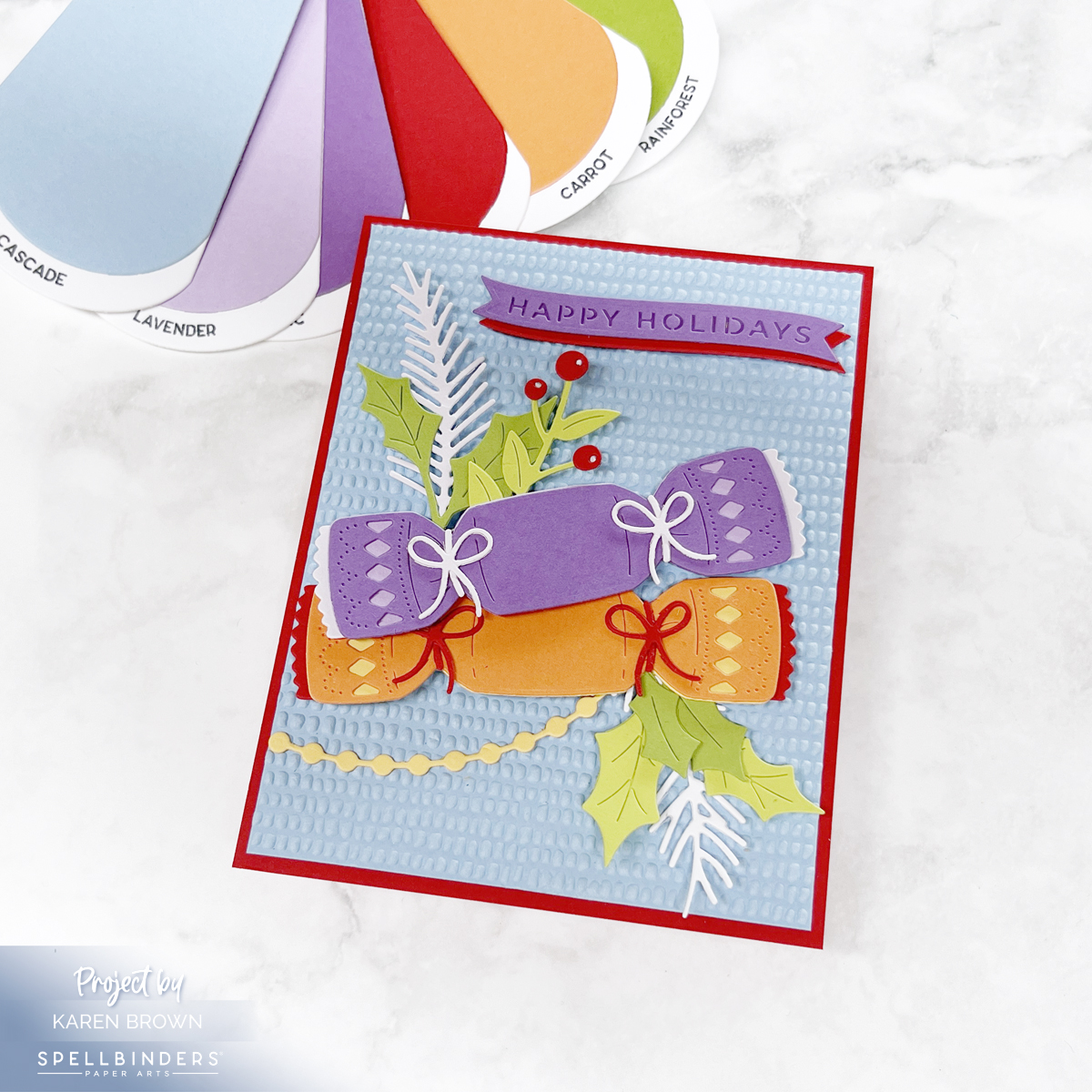 Handmade die cut Christmas card using Spellbinders Yana's Christmas Cracker set with the Dimpled 3D Embossing folder.