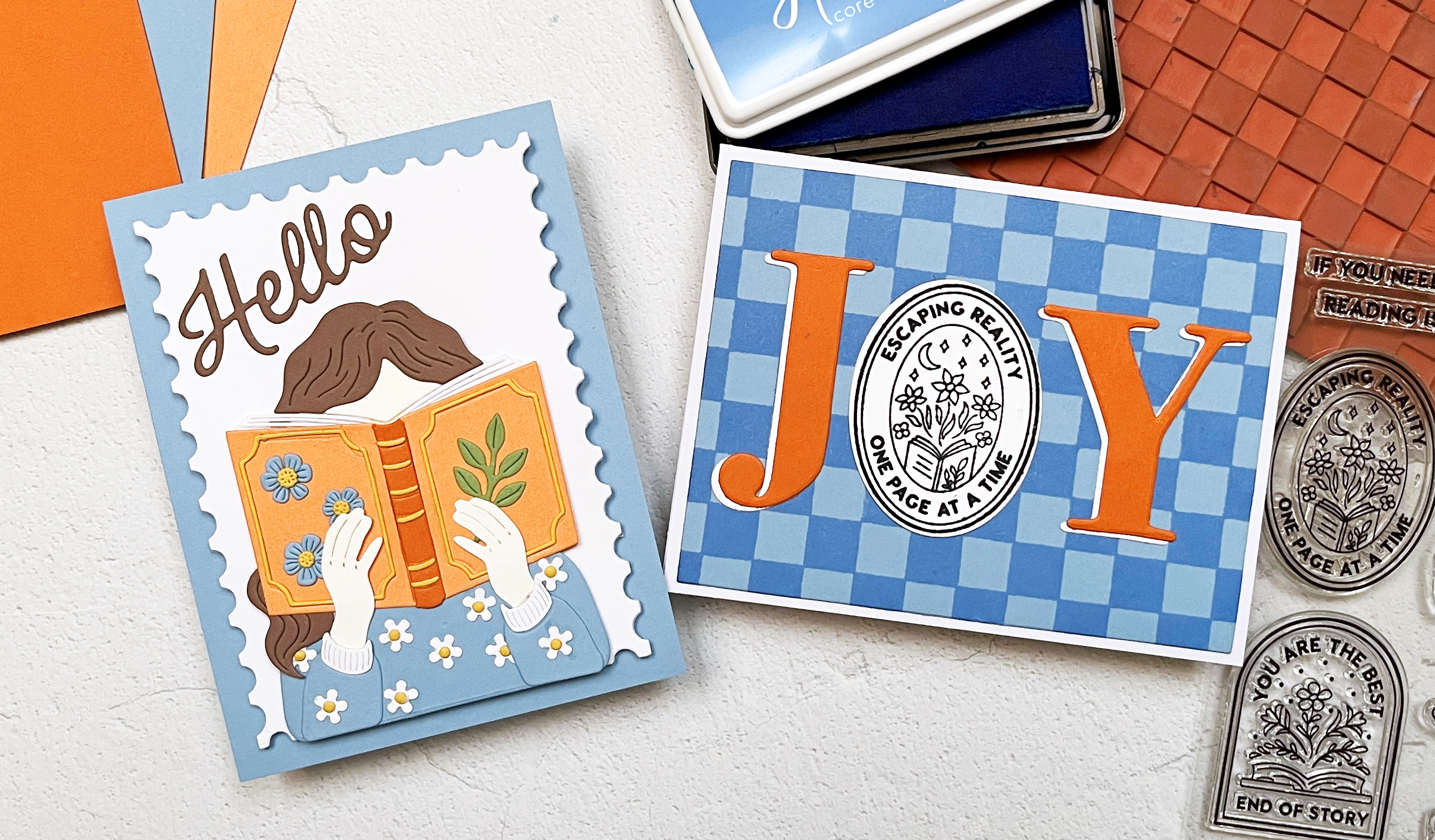 2 reading theme handmade cards created with Hero Arts November 2025 Card Kits.