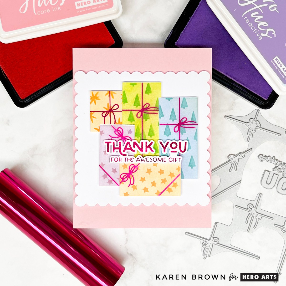 Handmade thank you card in rainbow pastel colors using Hero Arts Best Gift Ever Collection.   Hot Foiling, Layered Stenciling and die cutting techniques used.