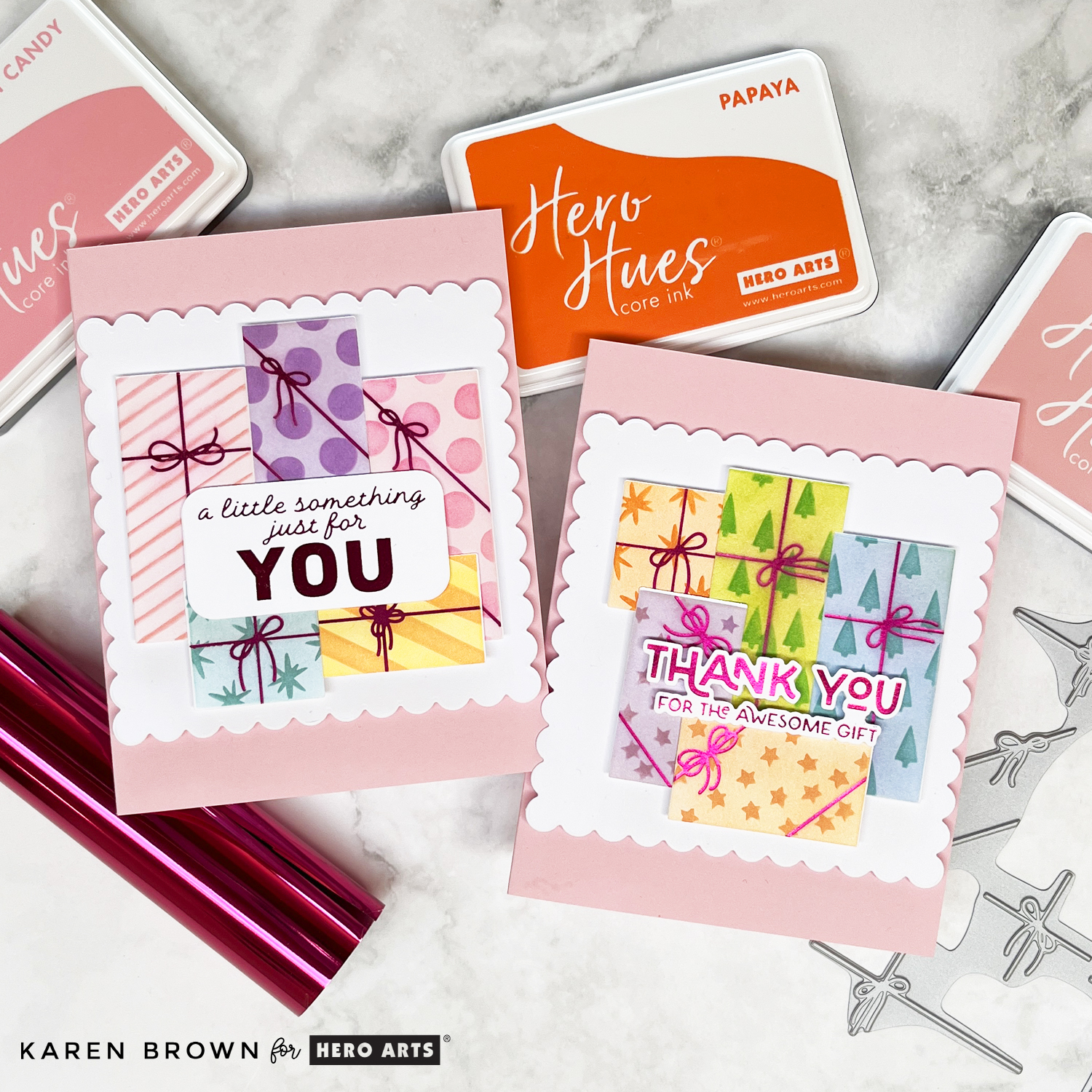 Two handmade cards featuring stenciled and foiled gifts.