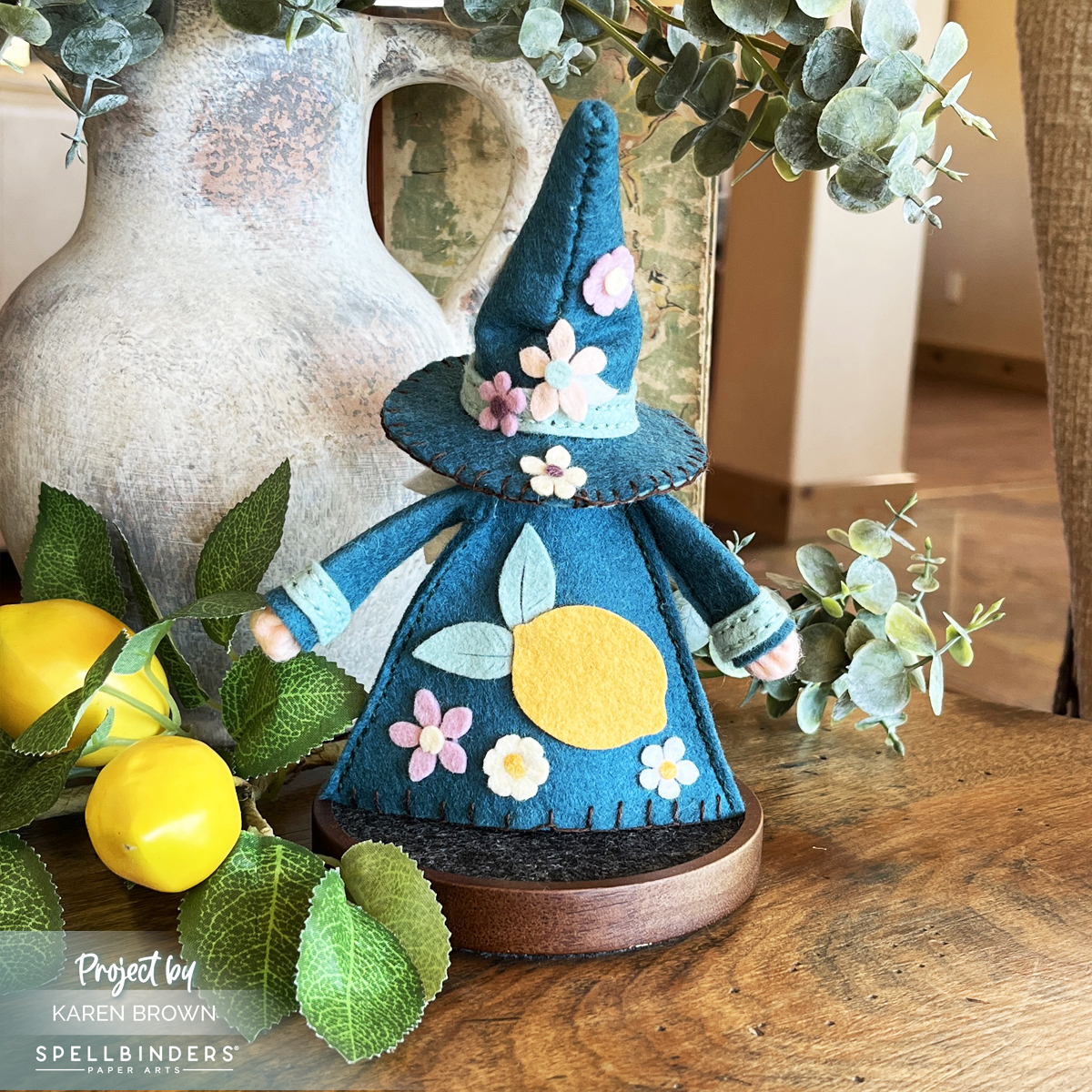 The back of Fergus the Lemon Gnome's coat and hat with all the embellishments.