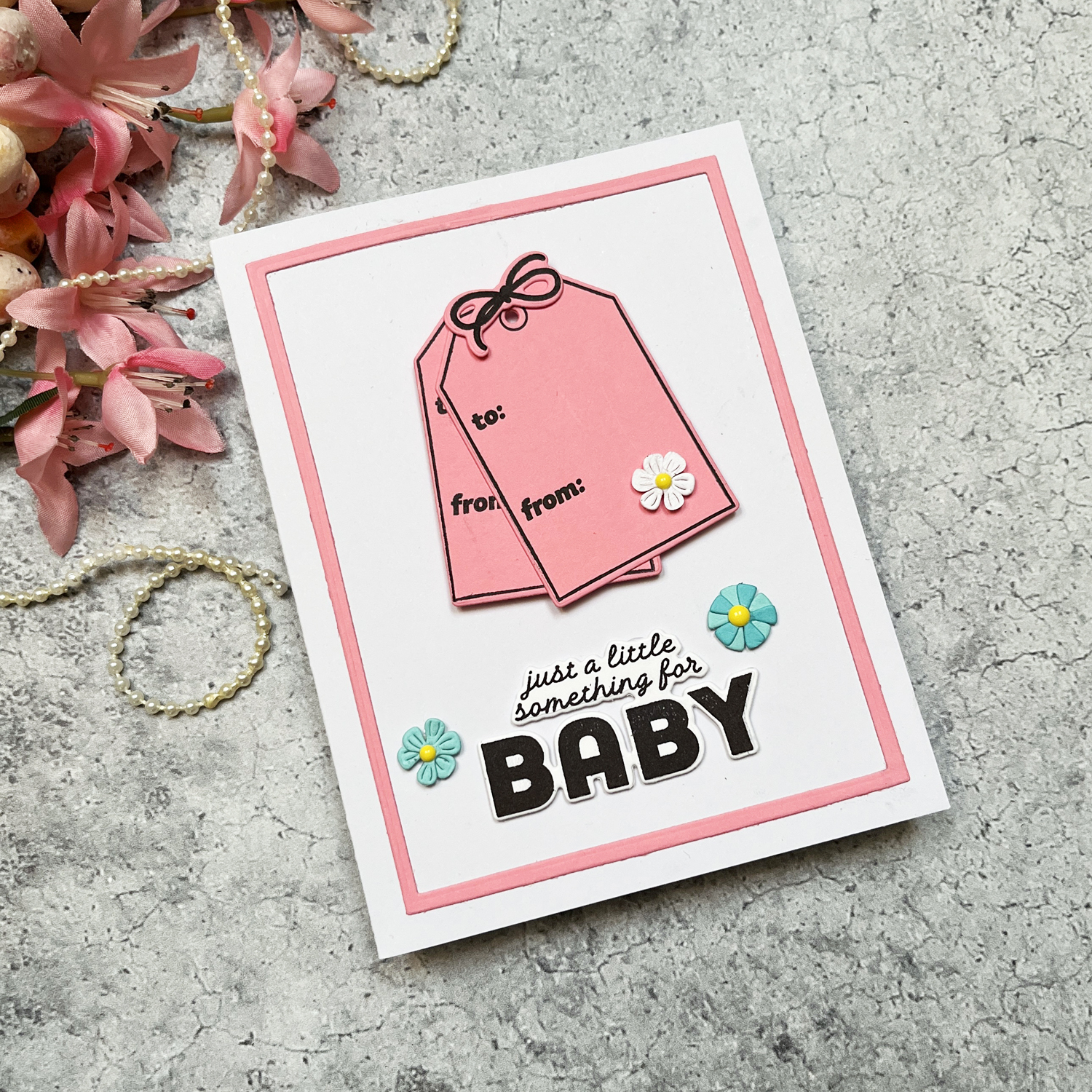 Pink handmade card for a Baby Shower.
